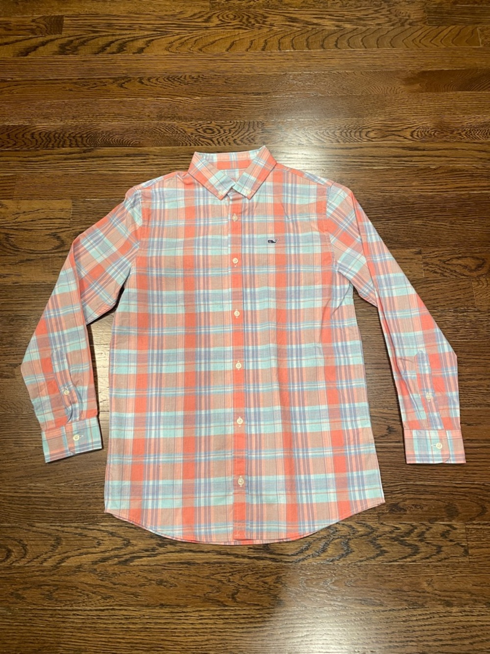 Vineyard Vines Coral and Light Blue Plaid Button-Down Shirt